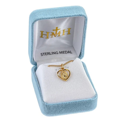 Heart Miraculous Medal, 7/16", 16kt Gold over Sterling, 18" Gold Plated Curb Chain, # 41808.