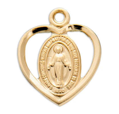 Heart Miraculous Medal, 7/16", 16kt Gold over Sterling, 18" Gold Plated Curb Chain, # 41808.
