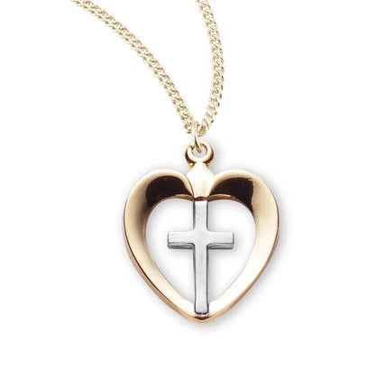 Heart with Cross, 5/8", Tutone 16Kt Gold over Sterling, 18" Gold Plated Curb Chain, # 41810.