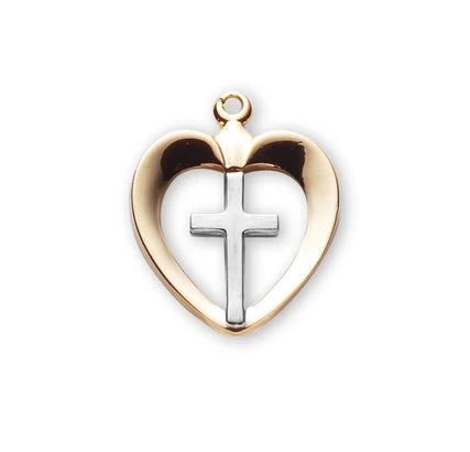 Heart with Cross, 5/8", Tutone 16Kt Gold over Sterling, 18" Gold Plated Curb Chain, # 41810.