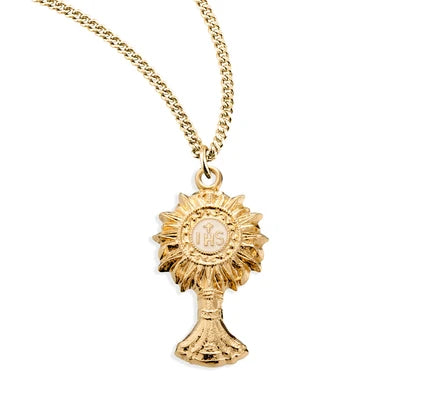 Monstrance Pendant, 1" 16Kt Gold over Sterling, 18" Gold Plated Curb Chain, # 41816.