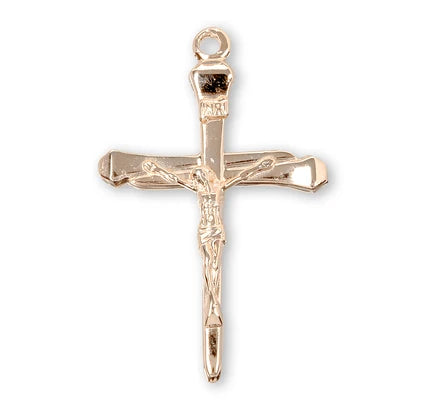 Nail Crucifix,1 1/4" 16Kt Gold over Sterling, 24" Gold Plated Curb Chain, # 41817.