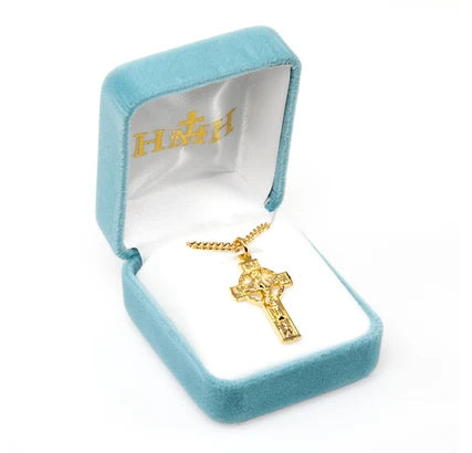 Celtic Crucifix, 1" 16Kt Gold over Sterling, 18" Gold Plated Curb Chain, # 41818.