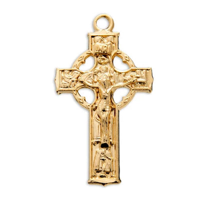 Celtic Crucifix, 1" 16Kt Gold over Sterling, 18" Gold Plated Curb Chain, # 41818.