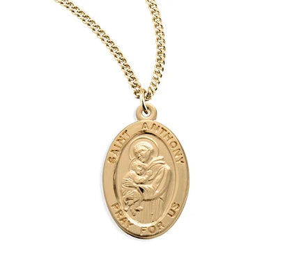 St. Anthony Medal 16kt Gold over Sterling, .9", 20" Gold Plated Curb Chain, # 21918
