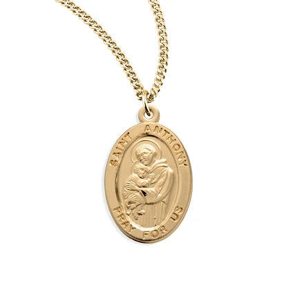 St. Anthony Medal 16kt Gold over Sterling, .9", 20" Gold Plated Curb Chain, # 21918
