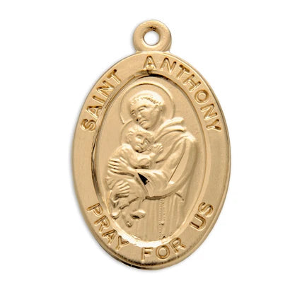 St. Anthony Medal 16kt Gold over Sterling, .9", 20" Gold Plated Curb Chain, # 21918