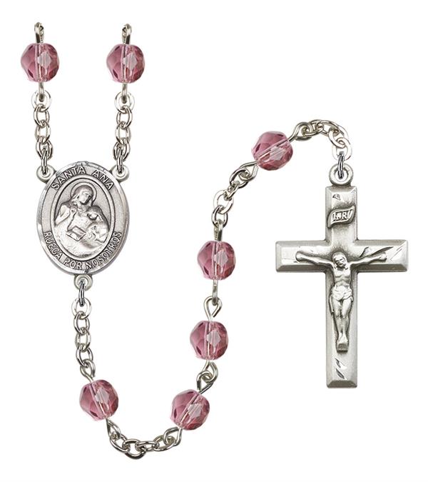 Santa Ana Spanish Rosary, 6mm Fire Polished Amethyst Beads, Silver Plate, # 15045