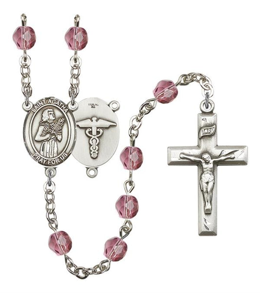 St. Agatha Nurse Rosary, 6mm Fire Polished Amethyst Beads, Silver Plate, # 15048