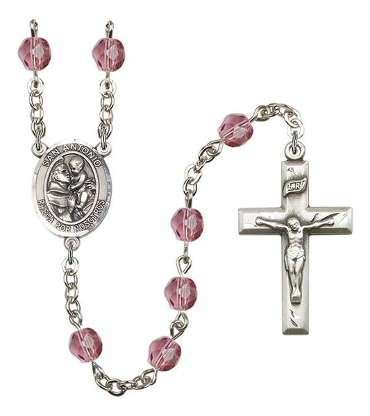 San Antonio Spanish Rosary, 6mm Fire Polished Amethyst Beads, Silver Plate, # 15050