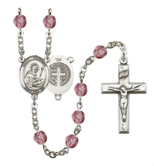 St. Benedict Rosary, 6mm Fire Polished Amethyst Beads, Silver Plate, # 15056