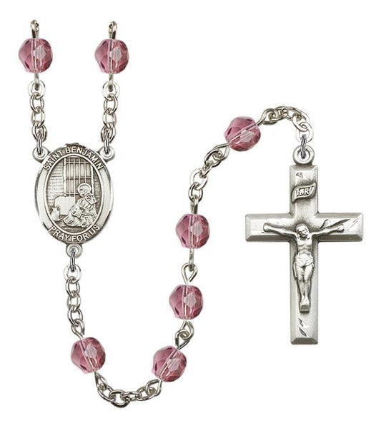 St. Benjamin Rosary, 6mm Fire Polished Amethyst Beads, Silver Plate, # 15061