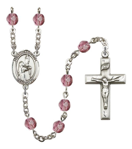 St. Bernadette Rosary, 6mm Fire Polished Amethyst Beads, Silver Plate, # 15065