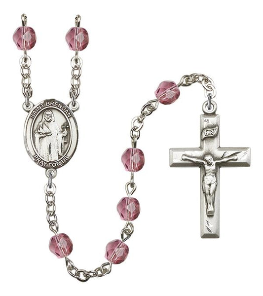 St. Brendan Rosary, 6mm Fire Polished Amethyst Beads, Silver Plate, # 15066