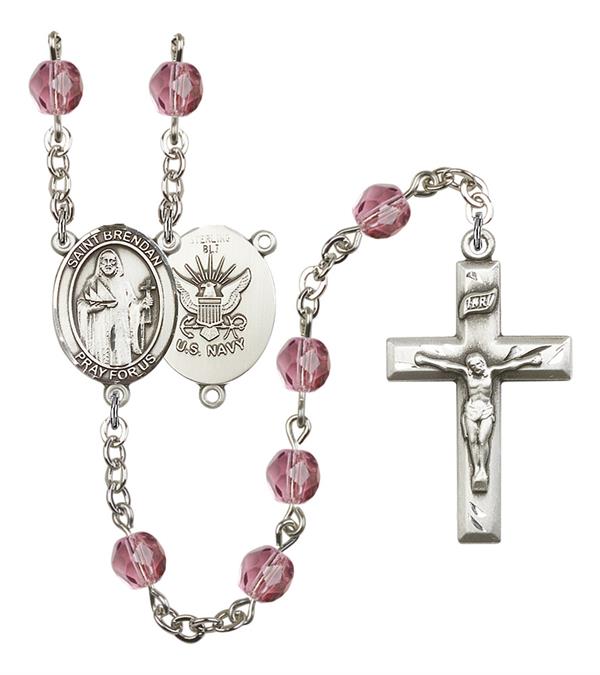 St. Brendan U.S. Navy Rosary, 6mm Fire Polished Amethyst Beads, Silver Plate, # 15067