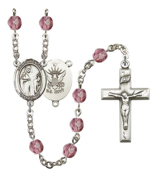 St. Brendan U.S. Navy Rosary, 6mm Fire Polished Amethyst Beads, Silver Plate, # 15067