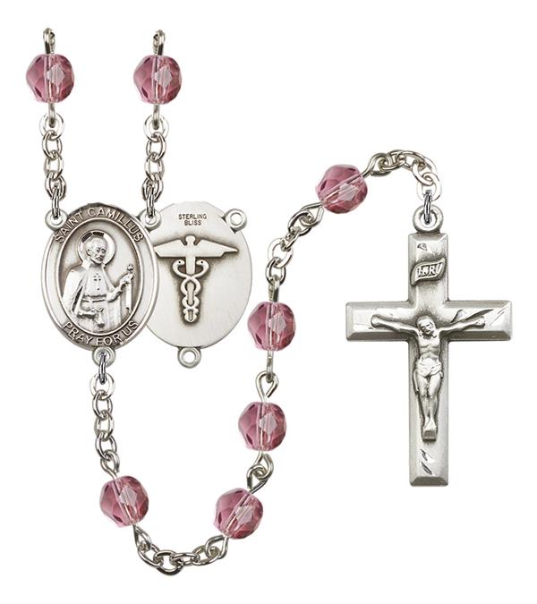 St. Camillus Nurse Rosary, 6mm Fire Polished Amethyst Beads, Silver Plate, # 15069
