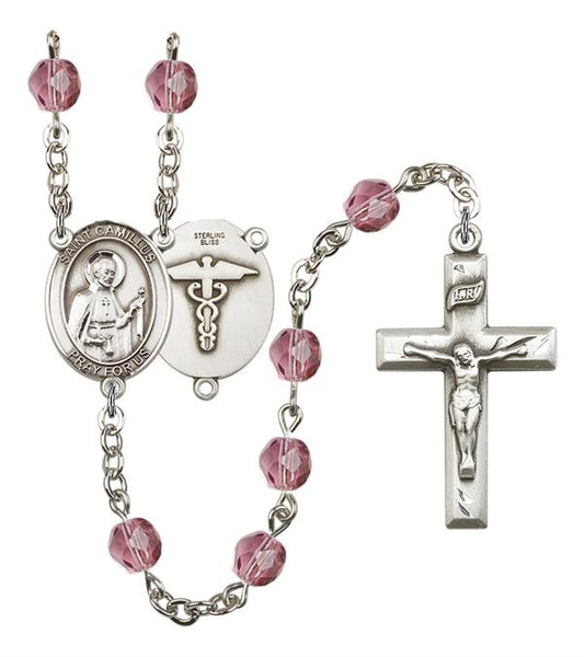 St. Camillus Nurse Rosary, 6mm Fire Polished Amethyst Beads, Silver Plate, # 15069