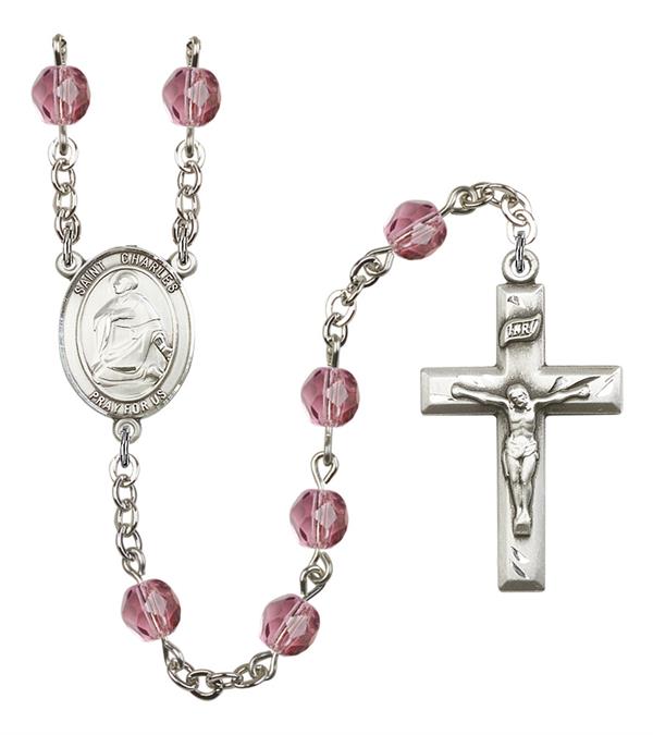 St. Charles Rosary, 6mm Fire Polished Amethyst Beads, Silver Plate, # 15070