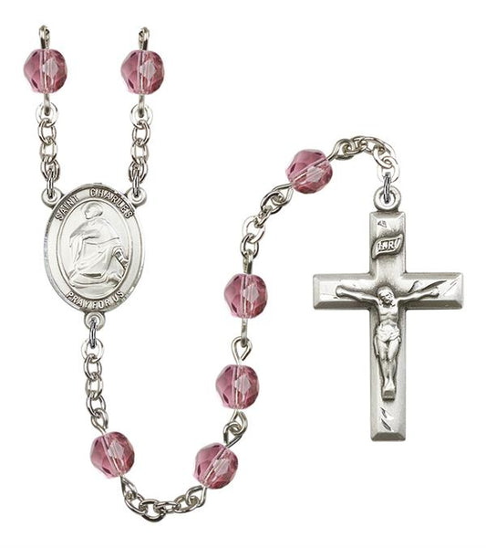 St. Charles Rosary, 6mm Fire Polished Amethyst Beads, Silver Plate, # 15070