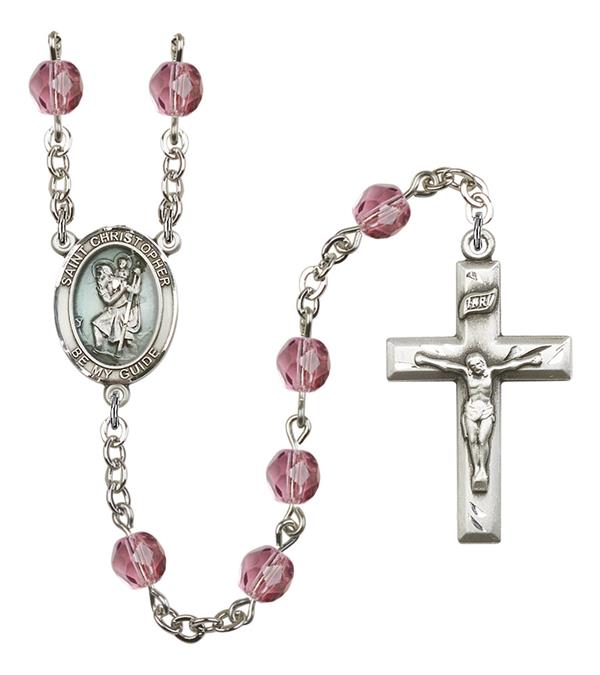 St. Christopher Rosary, Blue Enamel, 6mm Fire Polished Amethyst Beads, Silver Plate, # 15073