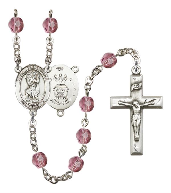 St. Christopher U.S. Air Force Rosary, 6mm Fire Polished Amethyst Beads, Silver Plate, # 15074