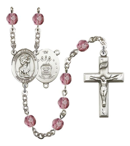 St. Christopher U.S. Air Force Rosary, 6mm Fire Polished Amethyst Beads, Silver Plate, # 15074