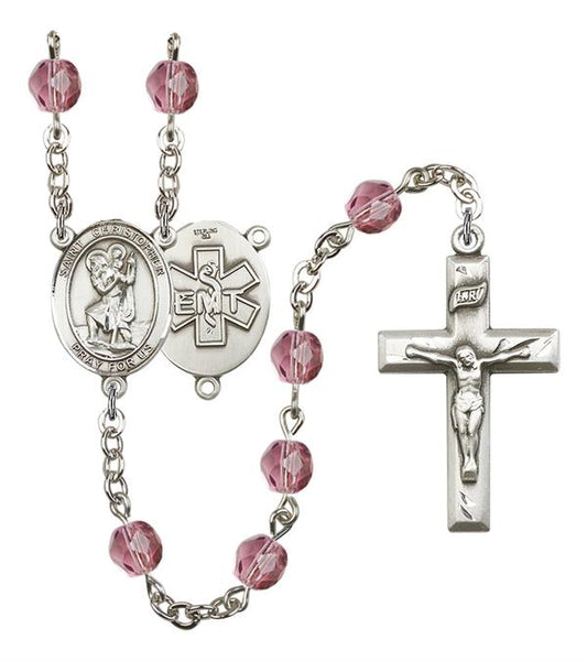 St. Christopher EMT Rosary, 6mm Fire Polished Amethyst Beads, Silver Plate, # 15075