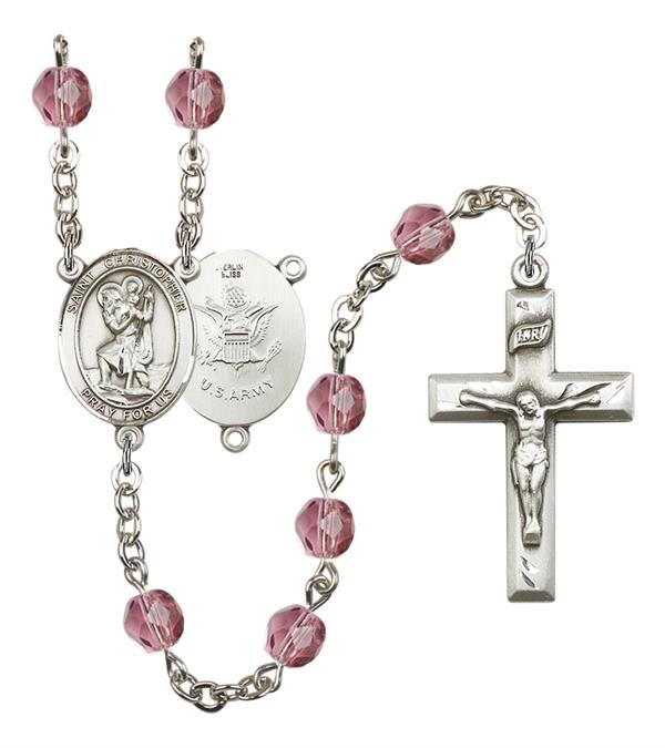 St. Christopher U.S. Army Rosary, 6mm Fire Polished Amethyst Beads, Silver Plate, # 15076