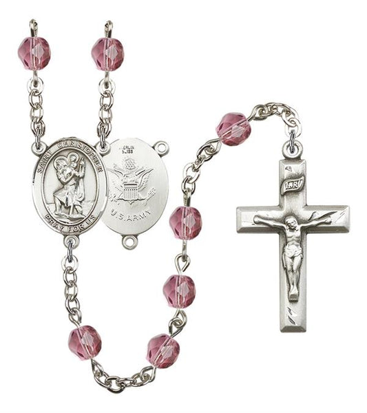 St. Christopher U.S. Army Rosary, 6mm Fire Polished Amethyst Beads, Silver Plate, # 15076