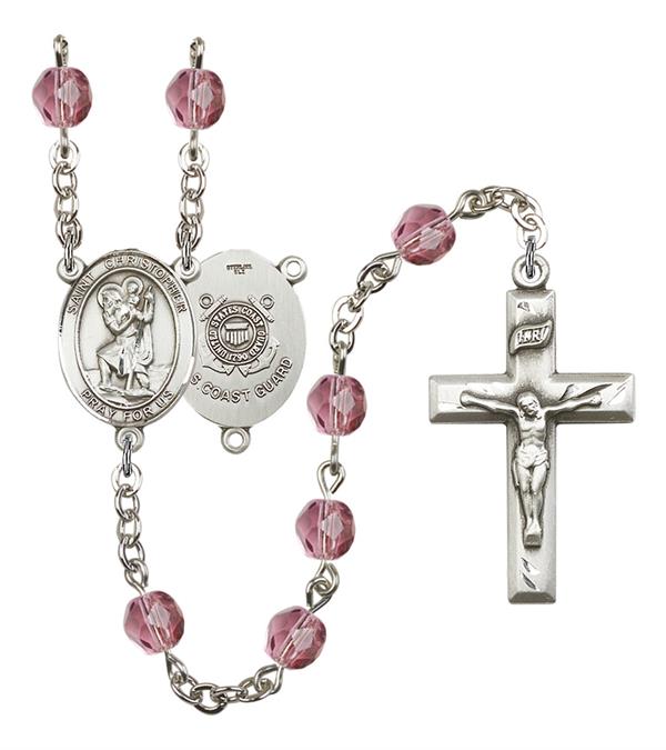 St. Christopher U.S. Coast Guard Rosary, 6mm Fire Polished Amethyst Beads, Silver Plate, # 15077