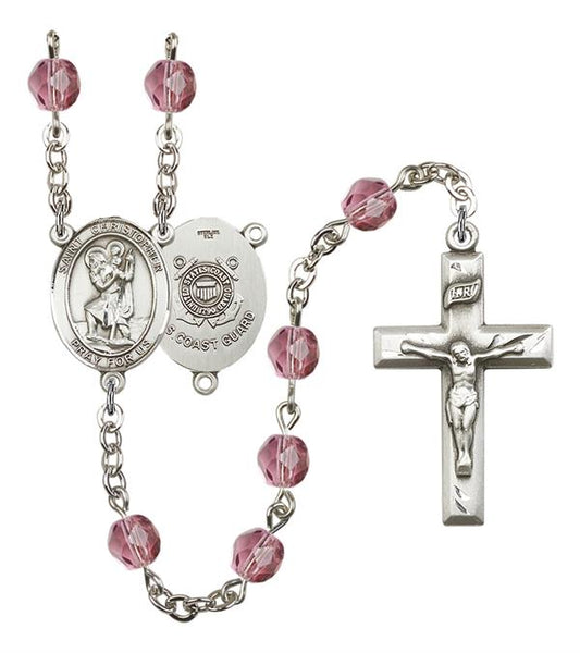 St. Christopher U.S. Coast Guard Rosary, 6mm Fire Polished Amethyst Beads, Silver Plate, # 15077