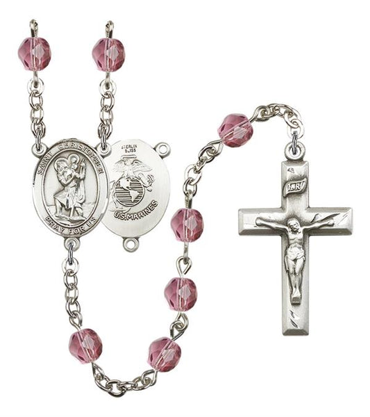 St. Christopher U.S. Marines Rosary, 6mm Fire Polished Amethyst Beads, Silver Plate, # 15078