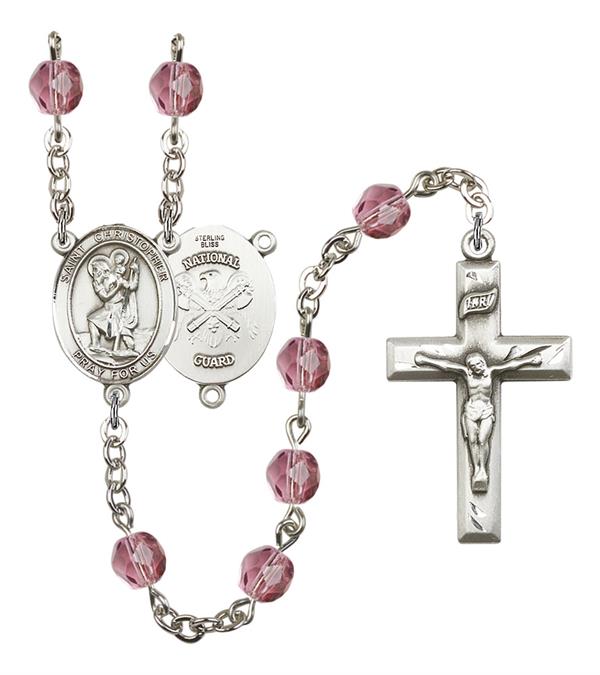 St. Christopher National Guard Rosary, 6mm Fire Polished Amethyst Beads, Silver Plate, # 15079