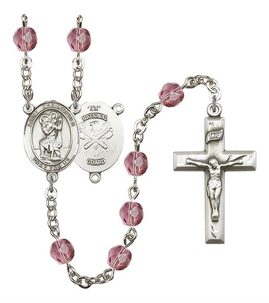 St. Christopher National Guard Rosary, 6mm Fire Polished Amethyst Beads, Silver Plate, # 15079