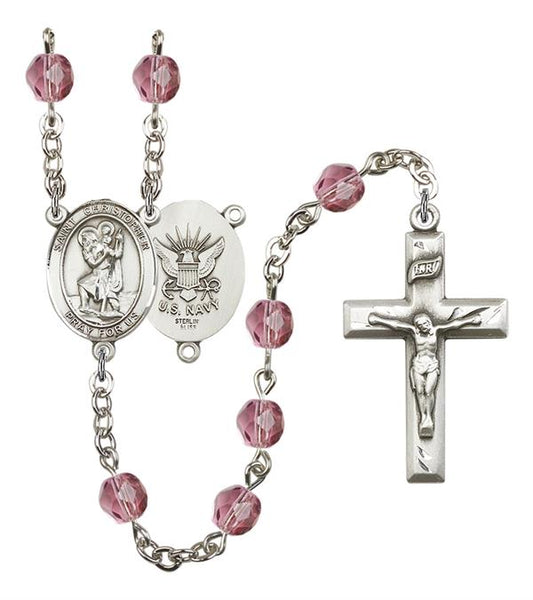 St. Christopher U.S. Navy Rosary, 6mm Fire Polished Amethyst Beads, Silver Plate, # 15080