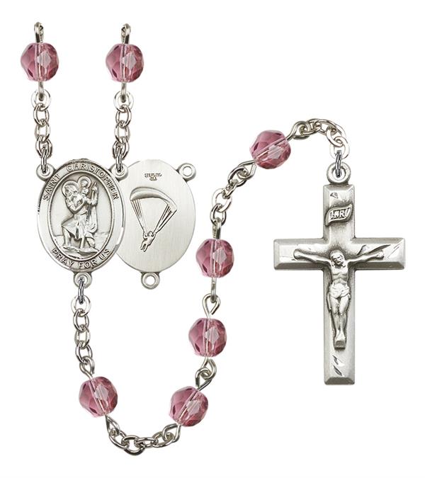 St. Christopher Paratrooper Skydiver Rosary, 6mm Fire Polished Amethyst Beads, Silver Plate, # 15081