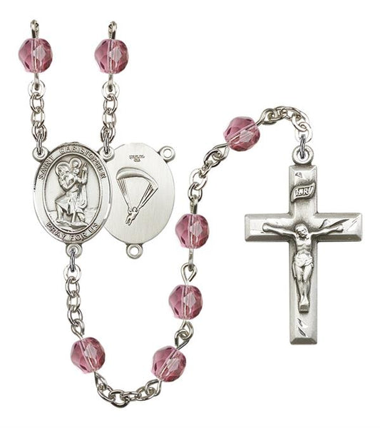 St. Christopher Paratrooper Skydiver Rosary, 6mm Fire Polished Amethyst Beads, Silver Plate, # 15081