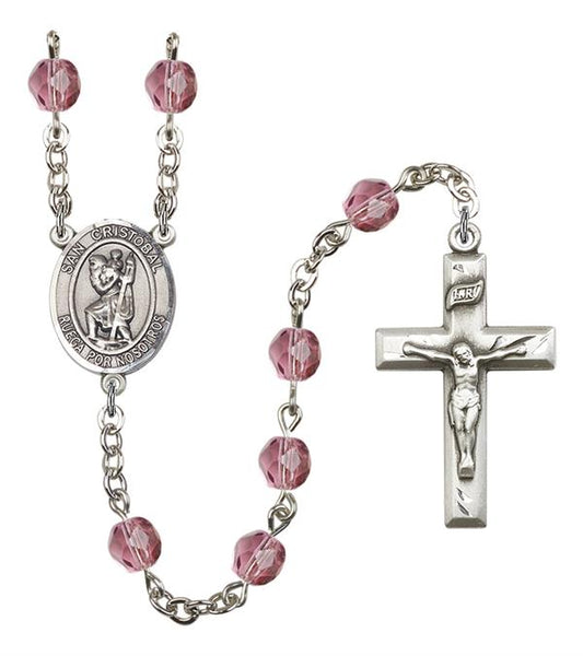 San Cristobal Spanish Rosary, 6mm Fire Polished Amethyst Beads, Silver Plate, # 15082