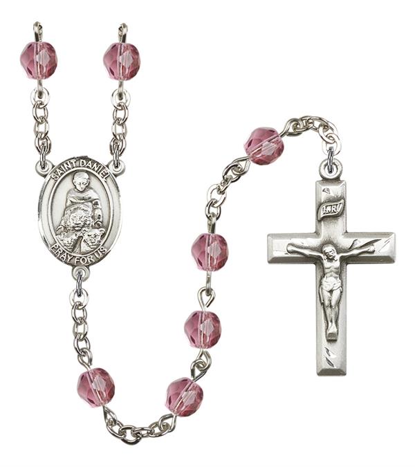 St. Daniel Rosary, 6mm Fire Polished Amethyst Beads, Silver Plate, # 15084