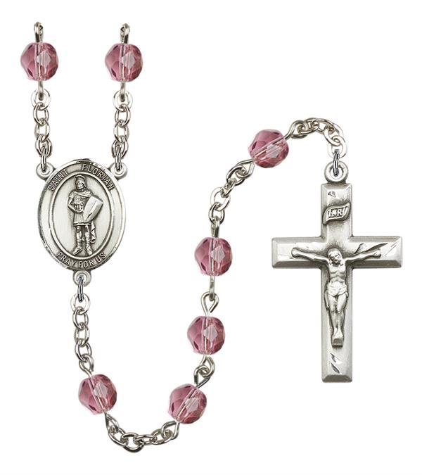 St. Florian Rosary, 6mm Fire Polished Amethyst Beads, Silver Plate, # 15094