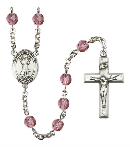 St. Francis of Assisi Rosary, 6mm Fire Polished Amethyst Beads, Silver Plate, # 15096