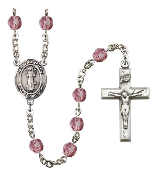 San Francisco Spanish Rosary, 6mm Fire Polished Amethyst Beads, Silver Plate, # 15097