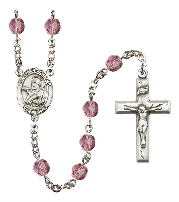 St. Francis Xavier Rosary, 6mm Fire Polished Amethyst Beads, Silver Plate, # 15098