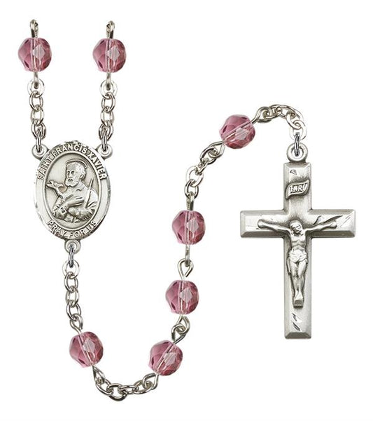 St. Francis Xavier Rosary, 6mm Fire Polished Amethyst Beads, Silver Plate, # 15098