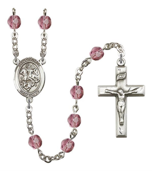 St. George Rosary, 6mm Fire Polished Amethyst Beads, Silver Plate, # 15101