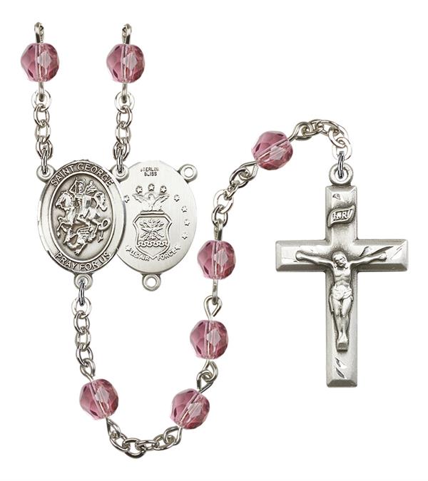 St. George U.S. Air Force Rosary, 6mm Fire Polished Amethyst Beads, Silver Plate, # 15102