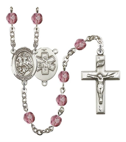 St. George EMT Rosary, 6mm Fire Polished Amethyst Beads, Silver Plate, # 15103