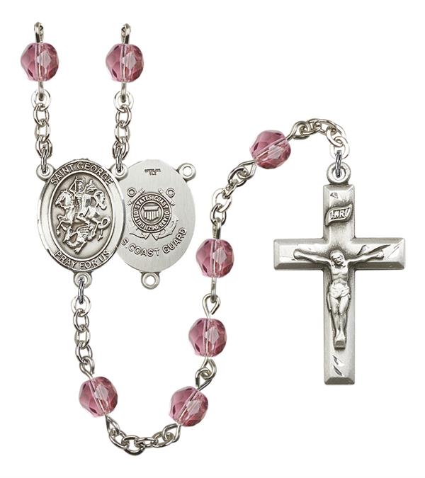 St. George U.S. Coast Guard Rosary, 6mm Fire Polished Amethyst Beads, Silver Plate, # 15105