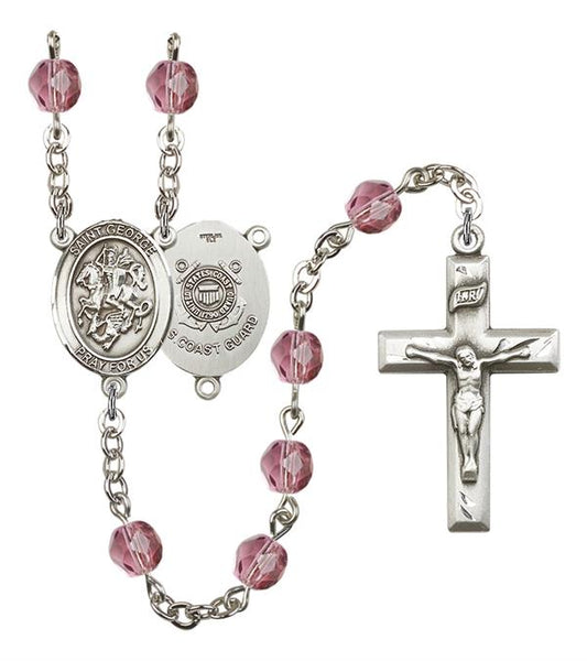 St. George U.S. Coast Guard Rosary, 6mm Fire Polished Amethyst Beads, Silver Plate, # 15105